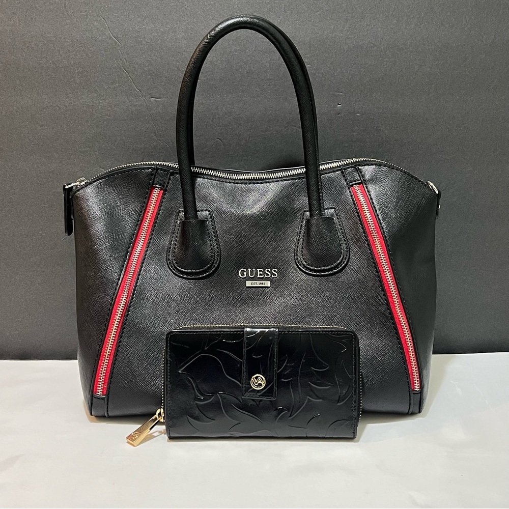 Guess Handbag with Valentina Black Tulip Leather Wallet - Chic Duo